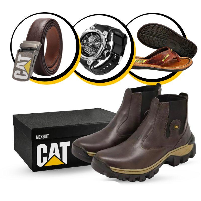 Kit Bota Adventure Masculina de Couro Legitimo + 3 BRINDES: Cinto, Relógio e Chinelo